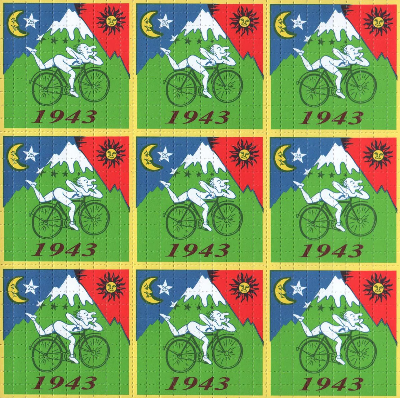 Framed Albert Hofmann Bike Ride 1943 Green 9 panel 19cm x 19cm Blotter Art